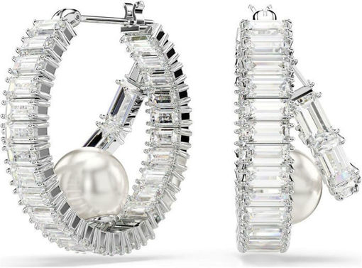 Swarovski øredobber Ariana Grande x Swarovski hoop earrings Crystal pearl, Baguette cut, White, Rhodium plated - 5720868