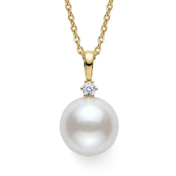 Diamantsmykke i gult gull med 0,03ct W-Si og perle Fv.p. 8.5-9 mm - Bur221120