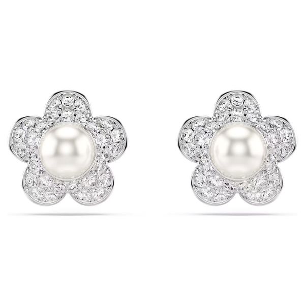 Swarovski øredobber Ariana Grande x Swarovski stud earrings Crystal Pearl, Round cut, Flower, White, Rhodium plated - 5756098
